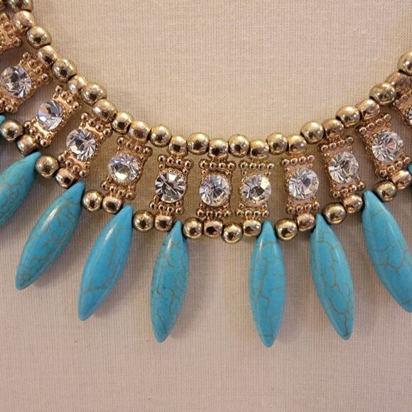 Howlite (Faux Turquoise) and Goldtone With Rhinestone Bib Statement Necklace - Picture 3 of 7